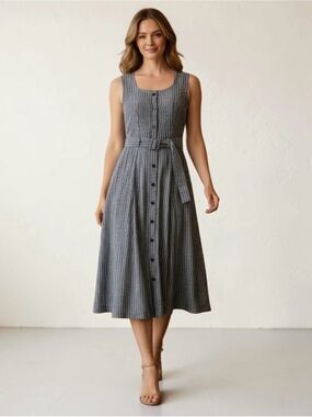 Banana Republic Gray and White Striped Sleeveless Maxi Dress Linen Blend